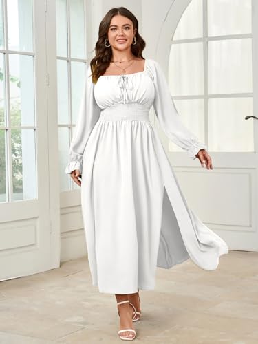 SHESTARR Women's Plus Size Dress Long Sleeve Smocked Dress Square Neck Tie Front Split A-Line Maxi Long Dresses White - Image 2