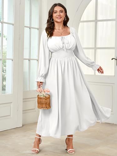 SHESTARR Women's Plus Size Dress Long Sleeve Smocked Dress Square Neck Tie Front Split A-Line Maxi Long Dresses White - Image 4