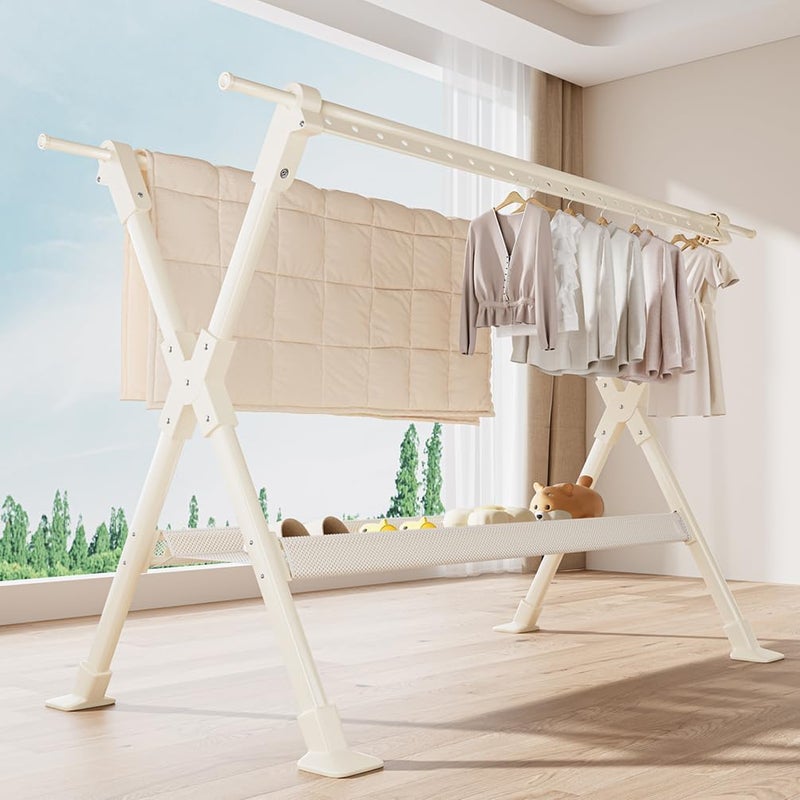 MOZOGOT Foldable X Clothes Drying Rack Expandable Laundry Drying Racks, Heavy Duty Freestanding Garment Rack Retractable Clothes Rack for Indoor Outdoor, Windproof Hooks (130CM, Cream) - Image 1