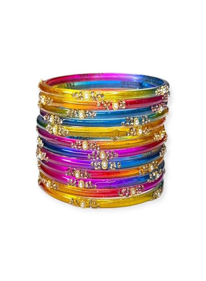 BANGLESKART Rainbow Shade Gold Plated Trendy Glass Bangles with Pearl Detailing for Wedding (2.2) - Image 1