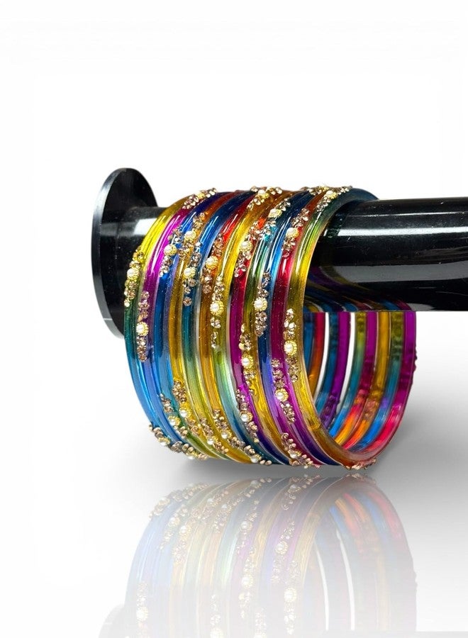 BANGLESKART Rainbow Shade Gold Plated Trendy Glass Bangles with Pearl Detailing for Wedding (2.2) - Image 3