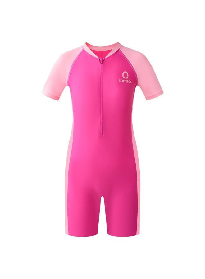 karrack Girls and Boys One Piece Rash Guard Swimsuit Kid Water Sport Short Swimsuit UPF 50+ Sun Protection Bathing Suits, Pink, 11-13 Years - Image 1