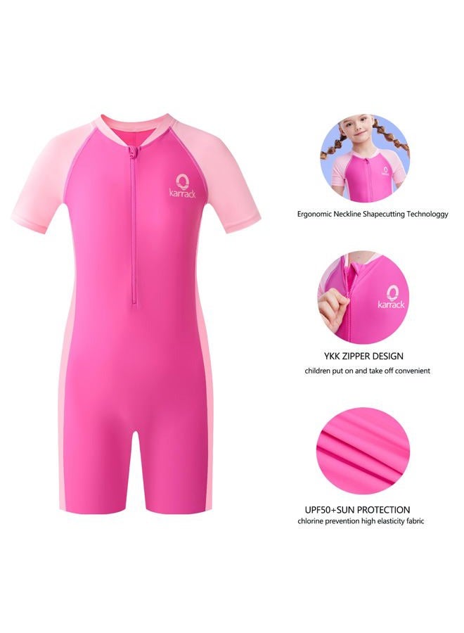 karrack Girls and Boys One Piece Rash Guard Swimsuit Kid Water Sport Short Swimsuit UPF 50+ Sun Protection Bathing Suits, Pink, 11-13 Years - Image 5