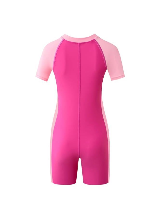 karrack Girls and Boys One Piece Rash Guard Swimsuit Kid Water Sport Short Swimsuit UPF 50+ Sun Protection Bathing Suits, Pink, 11-13 Years - Image 2