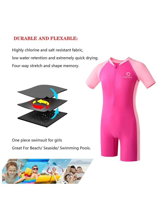 karrack Girls and Boys One Piece Rash Guard Swimsuit Kid Water Sport Short Swimsuit UPF 50+ Sun Protection Bathing Suits, Pink, 11-13 Years - Image 3