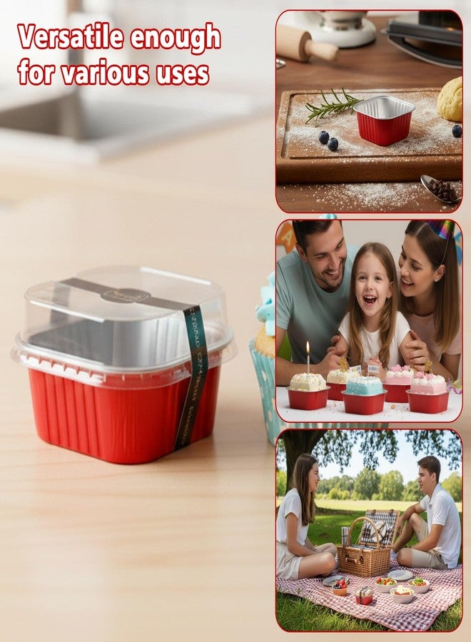 Ruckae 100 Pcs Mini Square Baking Cups with Lids-Disposable Foil Dessert Containers,Mini Cake Pans with Lids,Aluminum Dessert Cups for Parties and Weddings (Red, 5oz) - Image 5