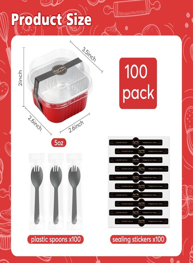 Ruckae 100 Pcs Mini Square Baking Cups with Lids-Disposable Foil Dessert Containers,Mini Cake Pans with Lids,Aluminum Dessert Cups for Parties and Weddings (Red, 5oz) - Image 3