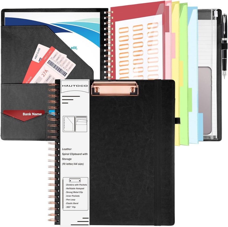 Hautoco Black Spiral Clipboard with Storage Zipper Pouch, Portfolio Organizer with Clipboard Folio, 5 Divider Folders and 8.5"x 11" Refillable Notepad, Hardcover Padfolio for Work School Office Nurse - Image 1