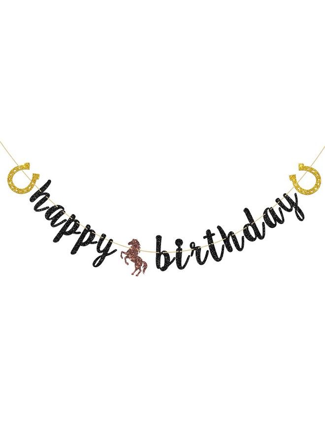 INNORU Horse Happy Birthday Banner Black Glitter Horse Racing Party Decorations Western Theme Party Sign Banner Cowboy Birthday Party Decor Supplies - Image 1