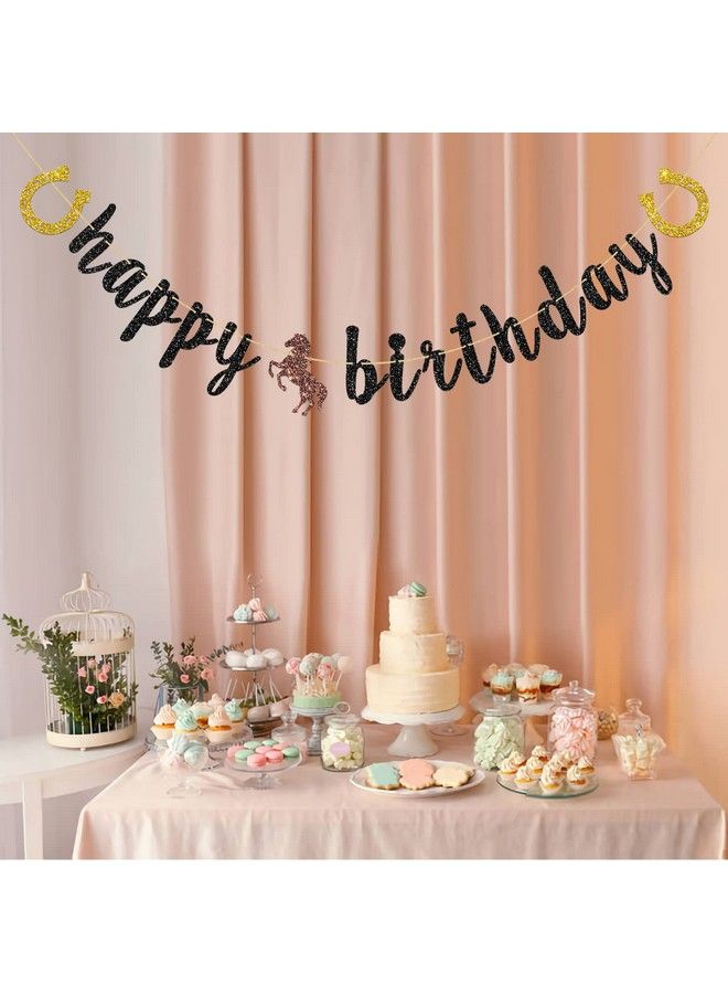 INNORU Horse Happy Birthday Banner Black Glitter Horse Racing Party Decorations Western Theme Party Sign Banner Cowboy Birthday Party Decor Supplies - Image 5