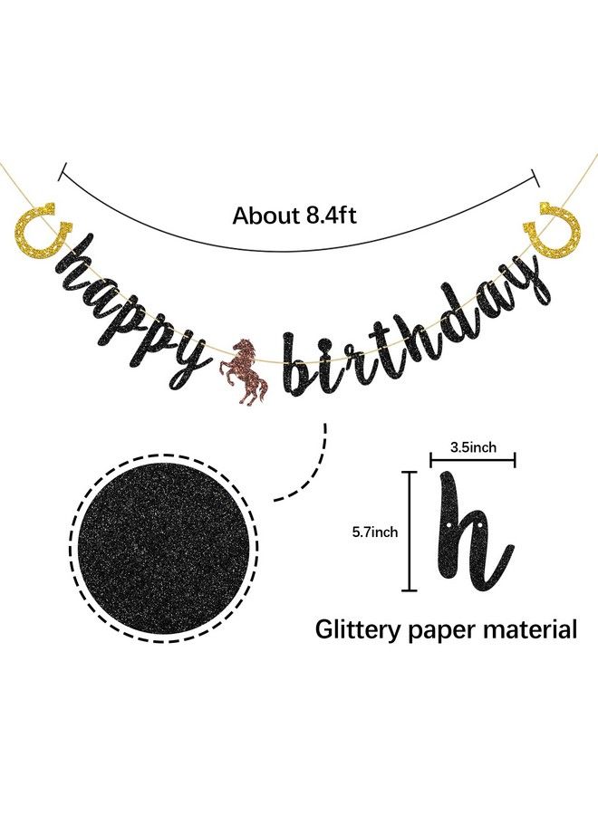 INNORU Horse Happy Birthday Banner Black Glitter Horse Racing Party Decorations Western Theme Party Sign Banner Cowboy Birthday Party Decor Supplies - Image 3