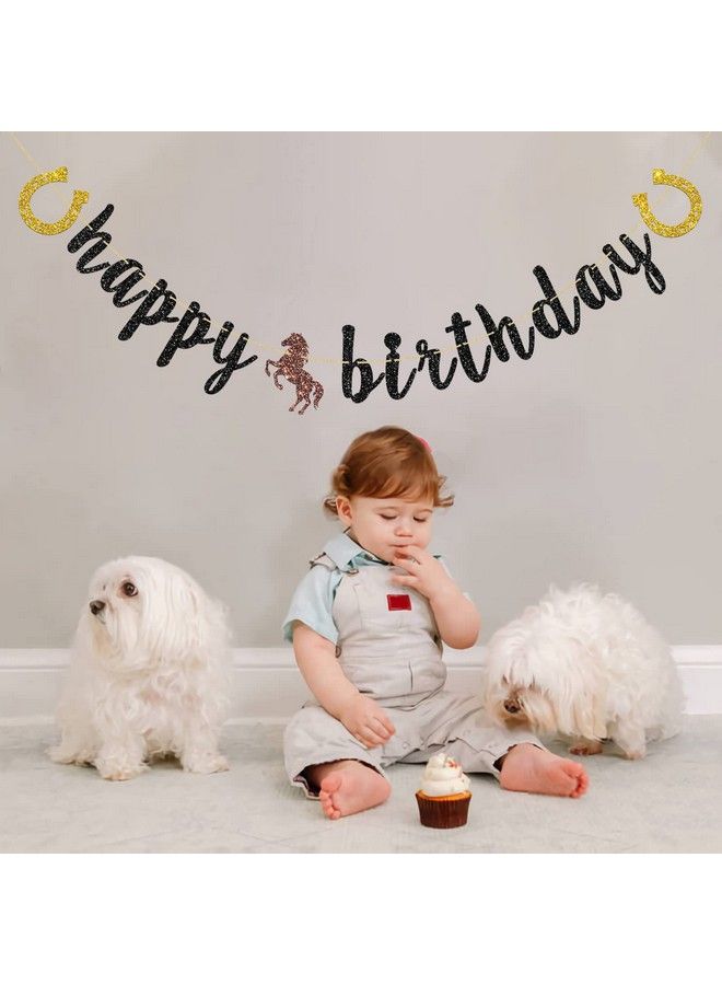 INNORU Horse Happy Birthday Banner Black Glitter Horse Racing Party Decorations Western Theme Party Sign Banner Cowboy Birthday Party Decor Supplies - Image 4