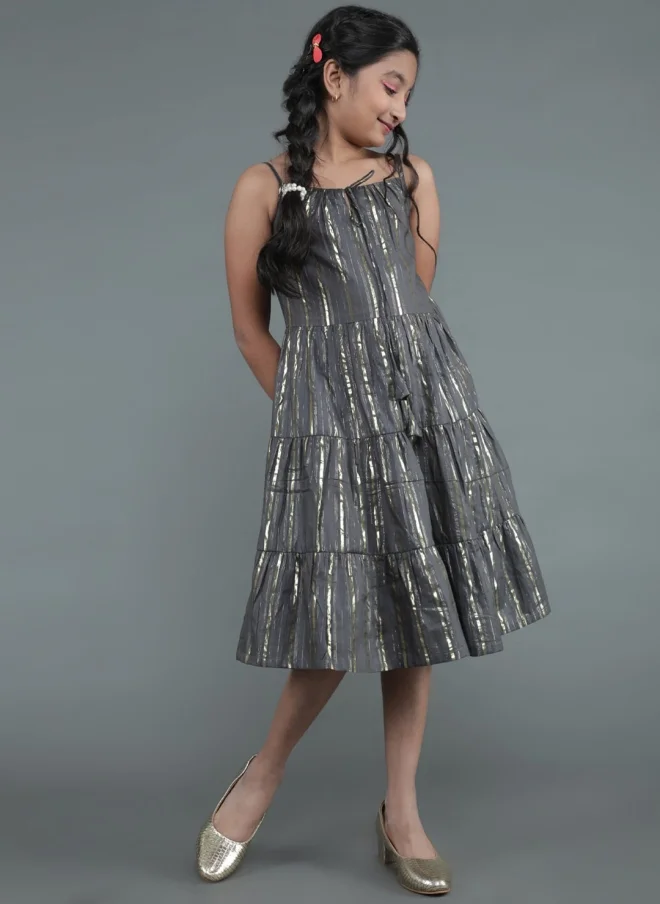 AKS Grey Striped A-Line Midi Dress for Girls