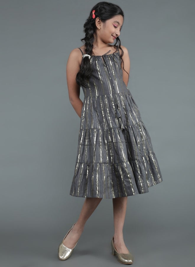 AKS Grey Striped A-Line Midi Dress for Girls - Image 1