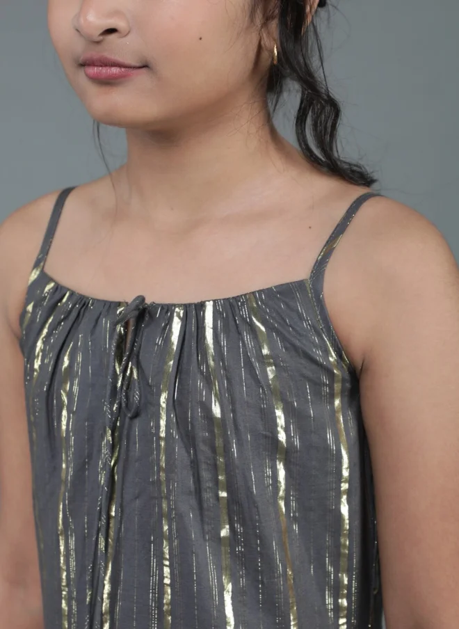 AKS Grey Striped A-Line Midi Dress for Girls