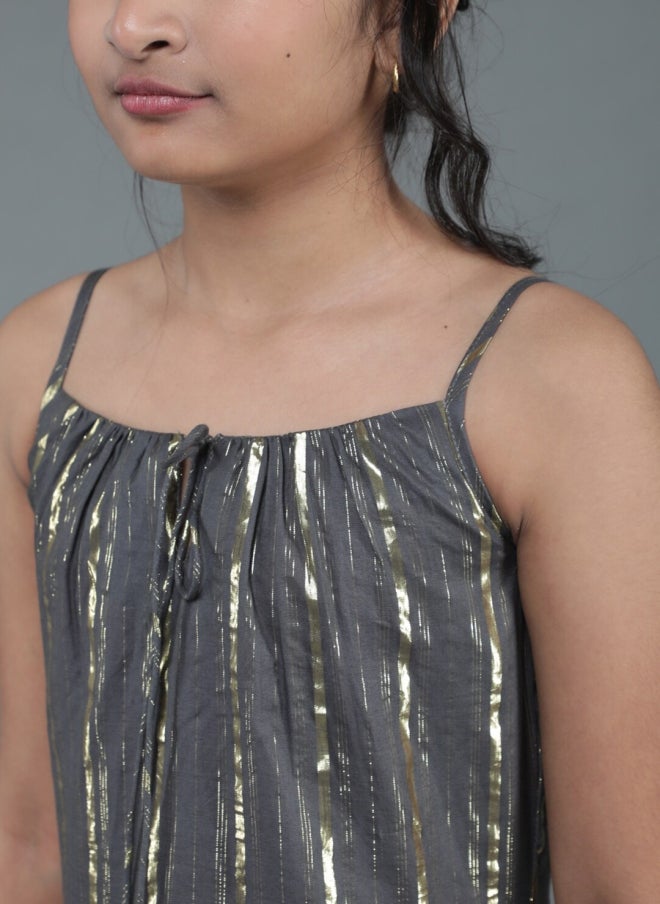 AKS Grey Striped A-Line Midi Dress for Girls - Image 2