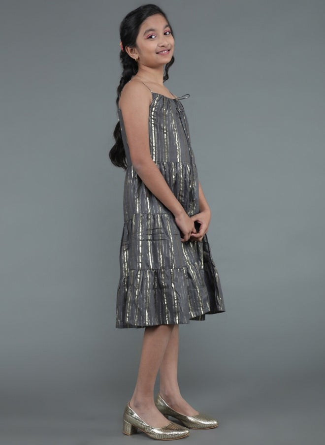 AKS Grey Striped A-Line Midi Dress for Girls - Image 3