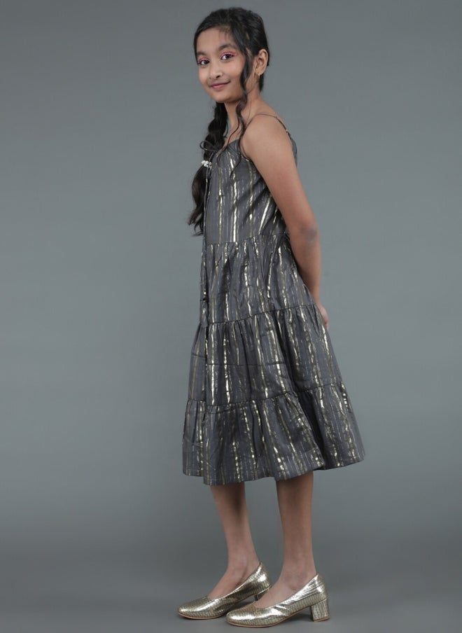 AKS Grey Striped A-Line Midi Dress for Girls - Image 4