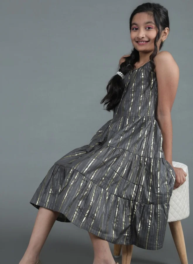 أيه كيه إس Grey Striped A-Line Midi Dress for Girls