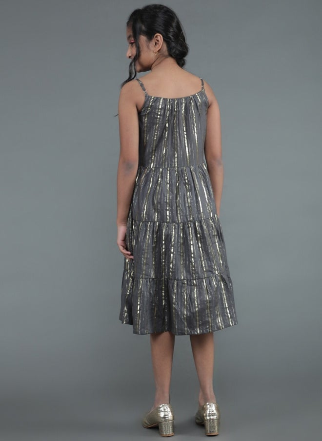AKS Grey Striped A-Line Midi Dress for Girls - Image 5