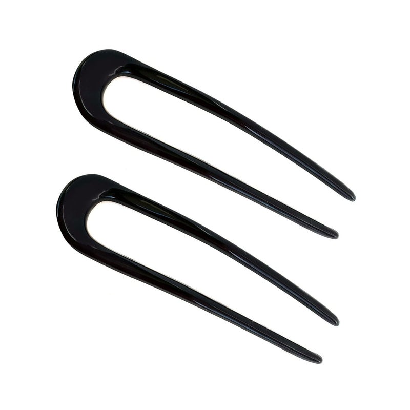 Parcelona French U Shaped Prong Black Large 4 34 Celluloid Made in France Set of 2 No Metal Chignon Hair Pin Sticks for Girls and Women