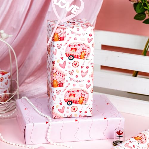 MAYPLUSS Valentines Day Wrapping Paper, Pink Heart Wrap Paper Love Car House Gift Wrapping Roll for Girl Anniversaries Romantic Celebration, 17IN X 16.5FT - Image 3