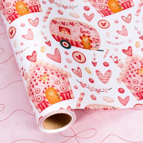 MAYPLUSS Valentines Day Wrapping Paper, Pink Heart Wrap Paper Love Car House Gift Wrapping Roll for Girl Anniversaries Romantic Celebration, 17IN X 16.5FT - Image 1