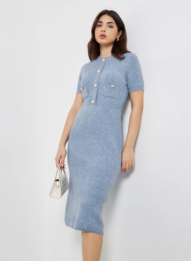 Styli Blue Knit Midi Dress with Button Detail