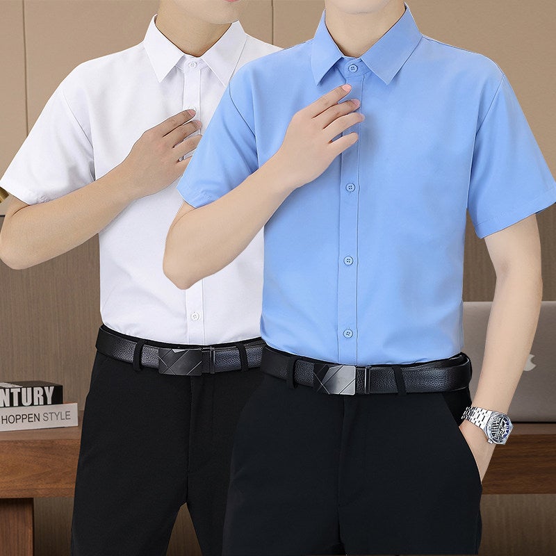Short-sleeved white shirt men's summer business casual wrinkle-free slim-fit half-sleeved blue-black shirt work uniform - Image 3