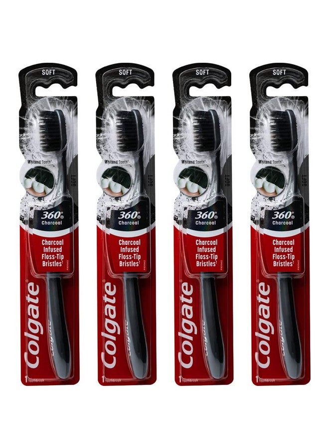 كولجيت فرشاة أسنان كولجيت 360 بنكهة الفحم، شعيرات ناعمة بطرف خيط تنظيف الأسنان (ألوان متنوعة) - عبوة من 4 قطع - Image 1