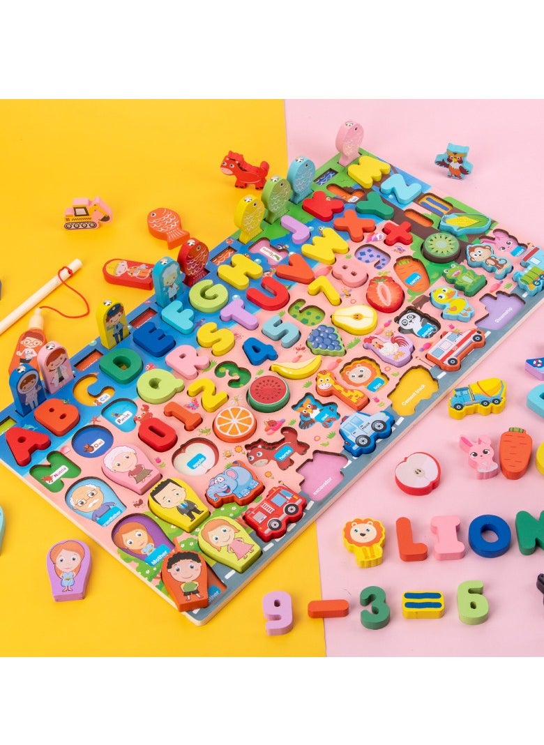MIXDE - Wooden Number Puzzles for Toddlers 9-in-1 Color Alphabet Shape Sorting Fishing Game Toys - Image 1