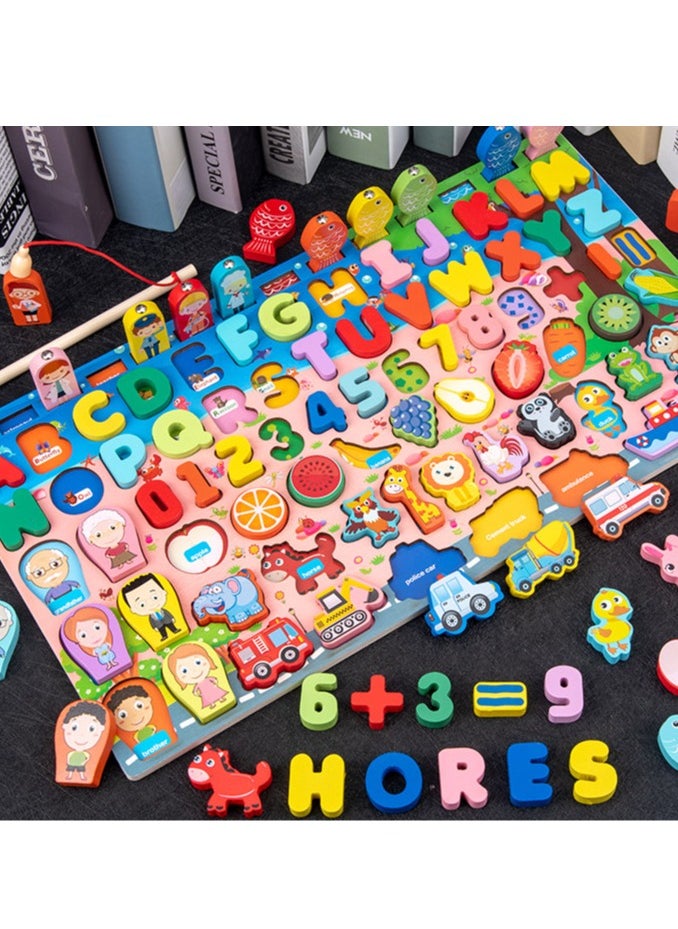 MIXDE - Wooden Number Puzzles for Toddlers 9-in-1 Color Alphabet Shape Sorting Fishing Game Toys - Image 1