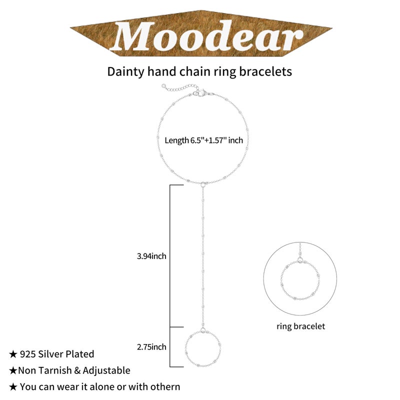 Moodear Sterling Silver Dainty Ring Bracelet Hand Chain for Women - 14K Gold Plated/Sterling Silver Layered Adjustable Satellite Bead Paperclip Dot CZ Link Hand Chain Bracelets Non Tarnish Trendy Jewelry Gift Dot Chain - Image 5