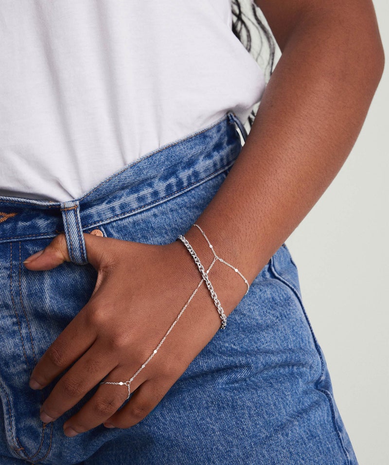 Moodear Sterling Silver Dainty Ring Bracelet Hand Chain for Women - 14K Gold Plated/Sterling Silver Layered Adjustable Satellite Bead Paperclip Dot CZ Link Hand Chain Bracelets Non Tarnish Trendy Jewelry Gift Dot Chain - Image 4