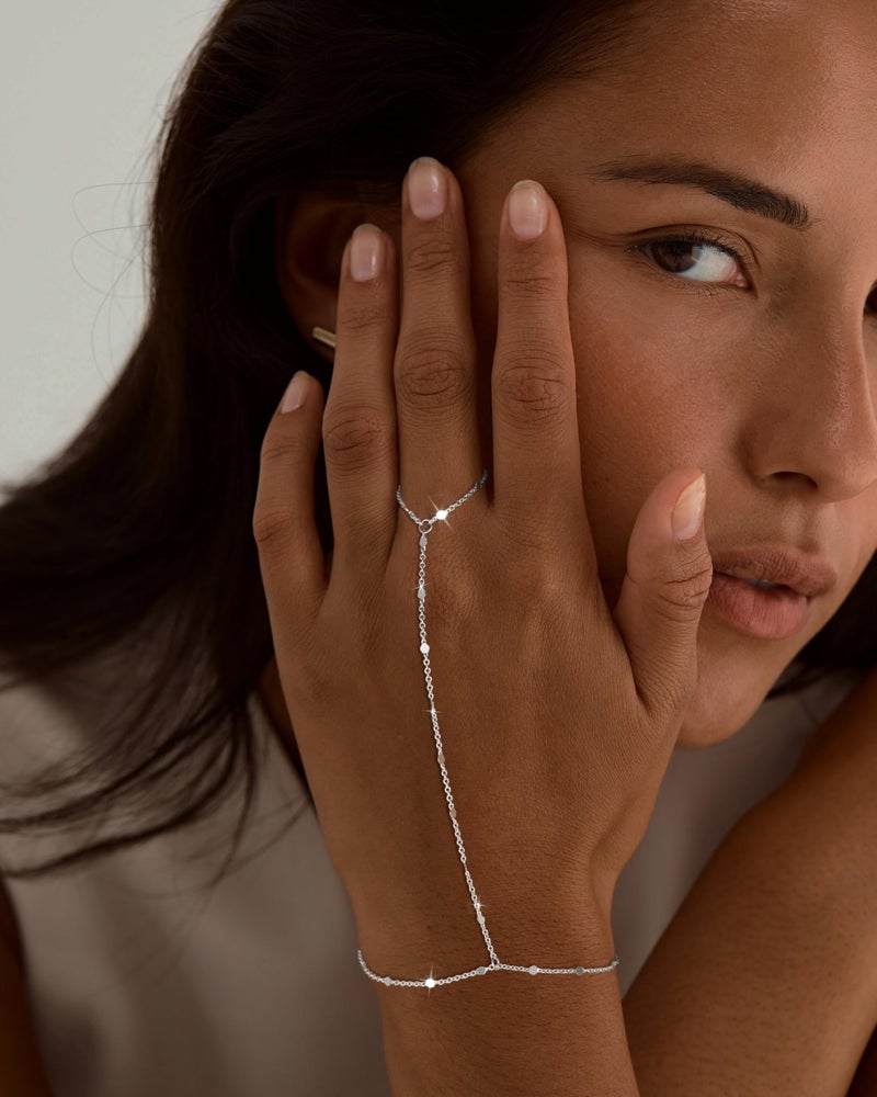 Moodear Sterling Silver Dainty Ring Bracelet Hand Chain for Women - 14K Gold Plated/Sterling Silver Layered Adjustable Satellite Bead Paperclip Dot CZ Link Hand Chain Bracelets Non Tarnish Trendy Jewelry Gift Dot Chain - Image 2