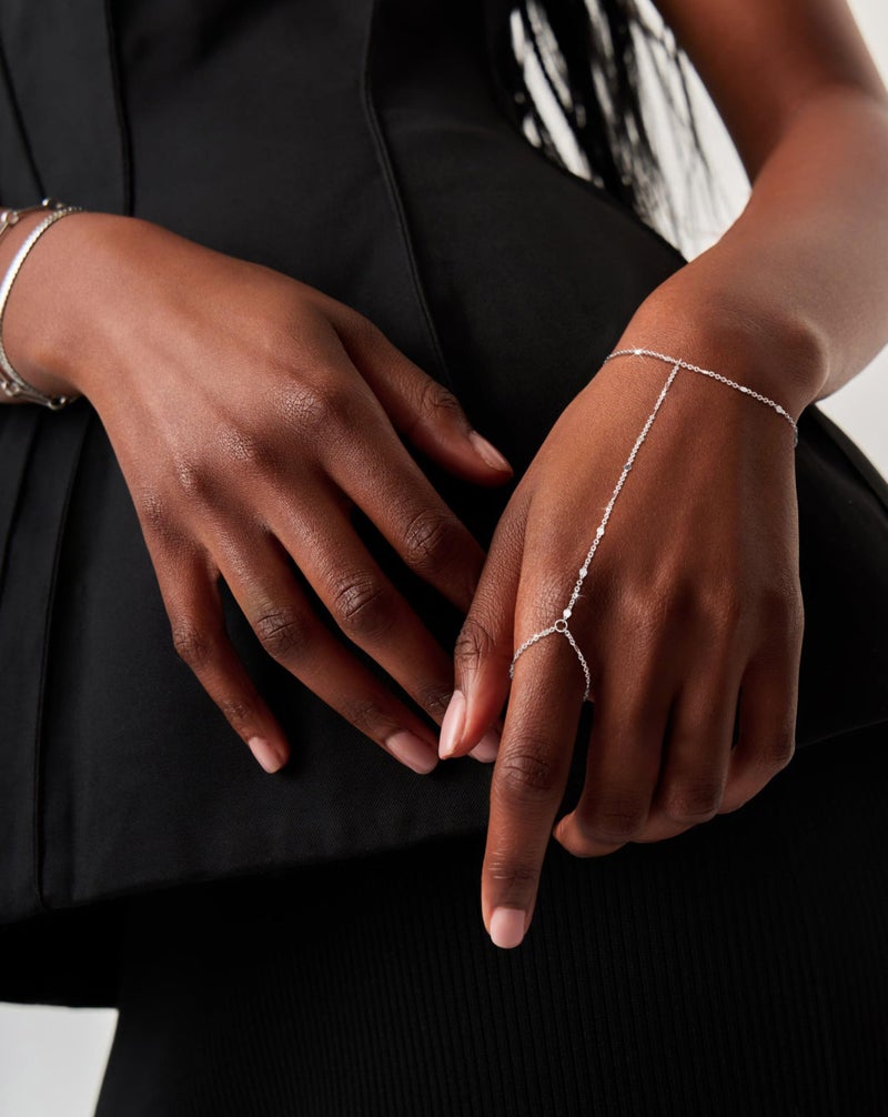 Moodear Sterling Silver Dainty Ring Bracelet Hand Chain for Women - 14K Gold Plated/Sterling Silver Layered Adjustable Satellite Bead Paperclip Dot CZ Link Hand Chain Bracelets Non Tarnish Trendy Jewelry Gift Dot Chain - Image 3