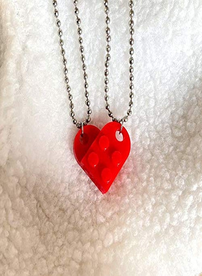 Pingyongchang Couples Colorful Brick Heart Pendant Shaped Necklace for Friendship 2 Two Piece Keychain Puzzle Jewelry Set Made with Elements Valentine's Day Best Friend-Red - Image 4
