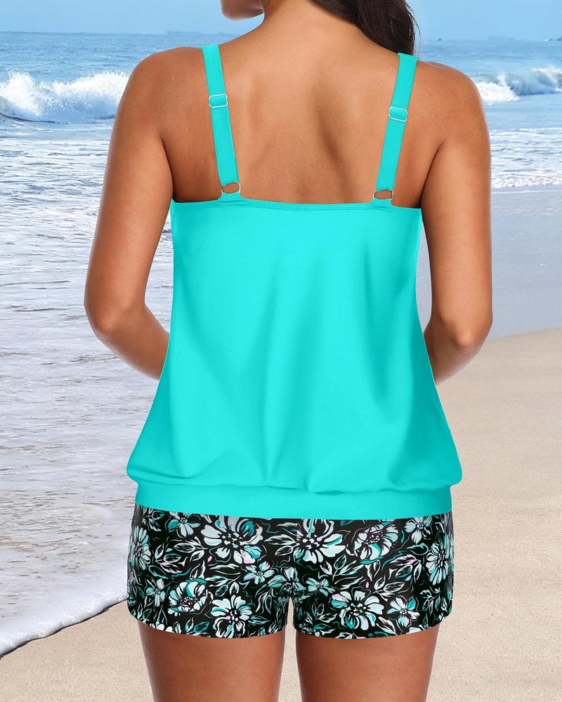 Aqua Eve Two Piece Women's Tankini Swimsuits Blouson Swim Tank Top with Shorts Modest Bathing Suits Blue Green Flower M - Image 2