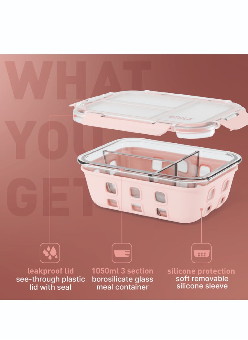 BEOLA 3 Compartment Glass Food Storage Container with Airtight Lid and Silicone Protection, Individually Sealed 3 Section Meal Prep Container, Freezer, Dishwasher, Microwave Safe, 1050ml(Blush Pink)  - Image 2