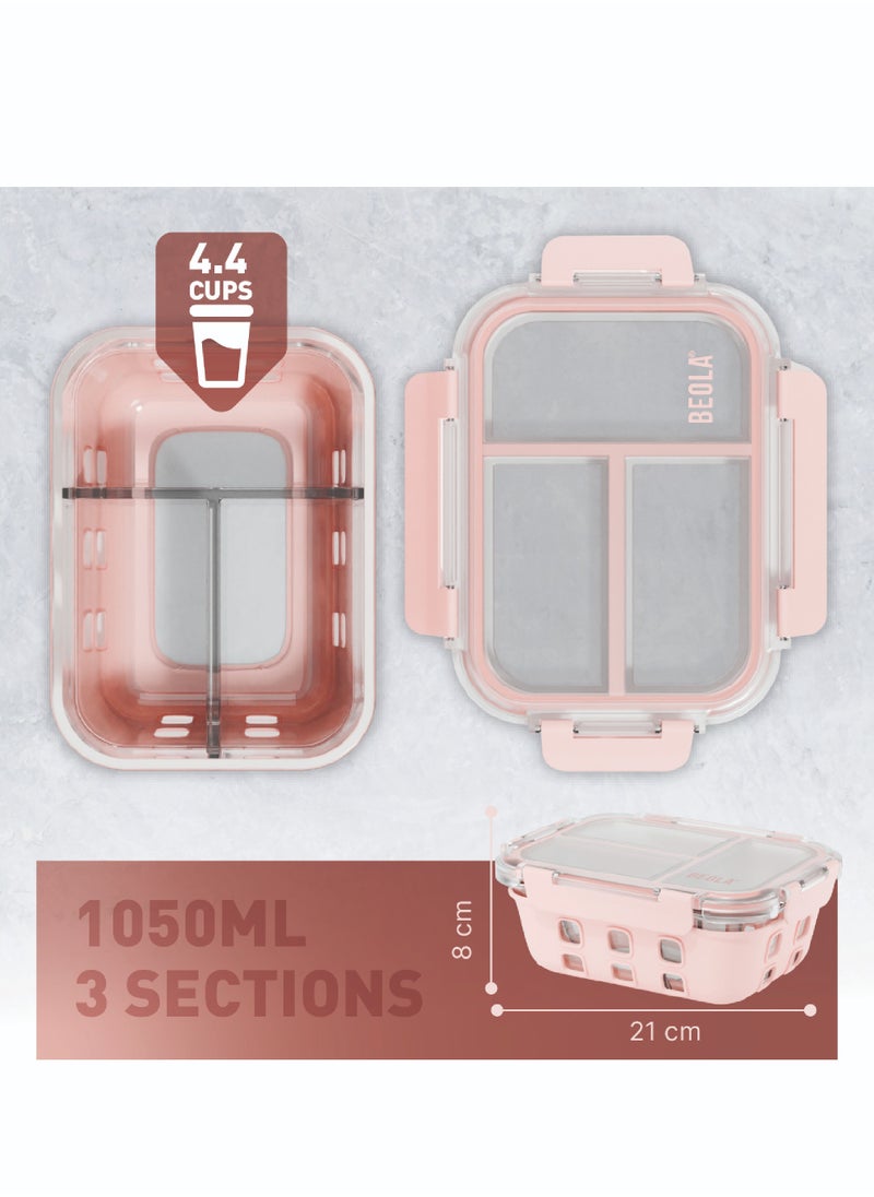 BEOLA 3 Compartment Glass Food Storage Container with Airtight Lid and Silicone Protection, Individually Sealed 3 Section Meal Prep Container, Freezer, Dishwasher, Microwave Safe, 1050ml(Blush Pink)  - Image 3