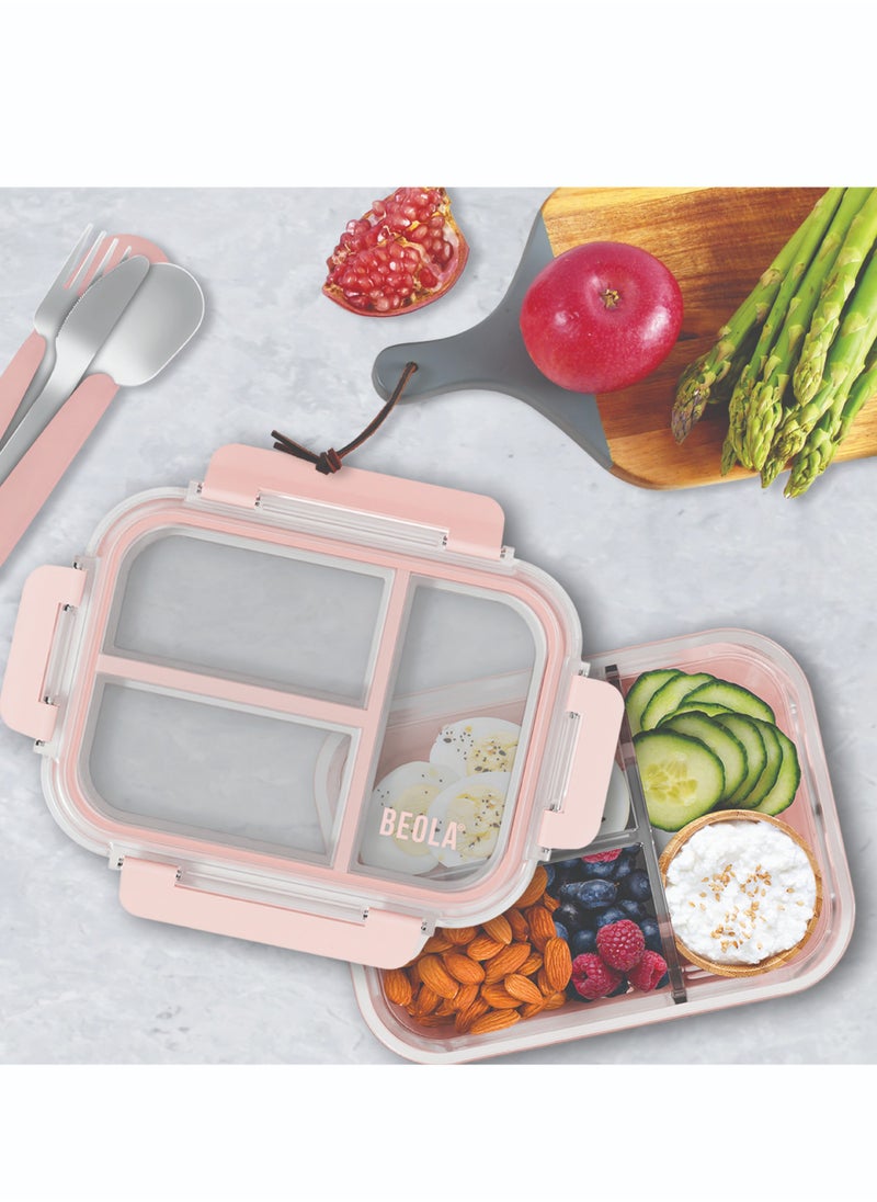 BEOLA 3 Compartment Glass Food Storage Container with Airtight Lid and Silicone Protection, Individually Sealed 3 Section Meal Prep Container, Freezer, Dishwasher, Microwave Safe, 1050ml(Blush Pink)  - Image 4