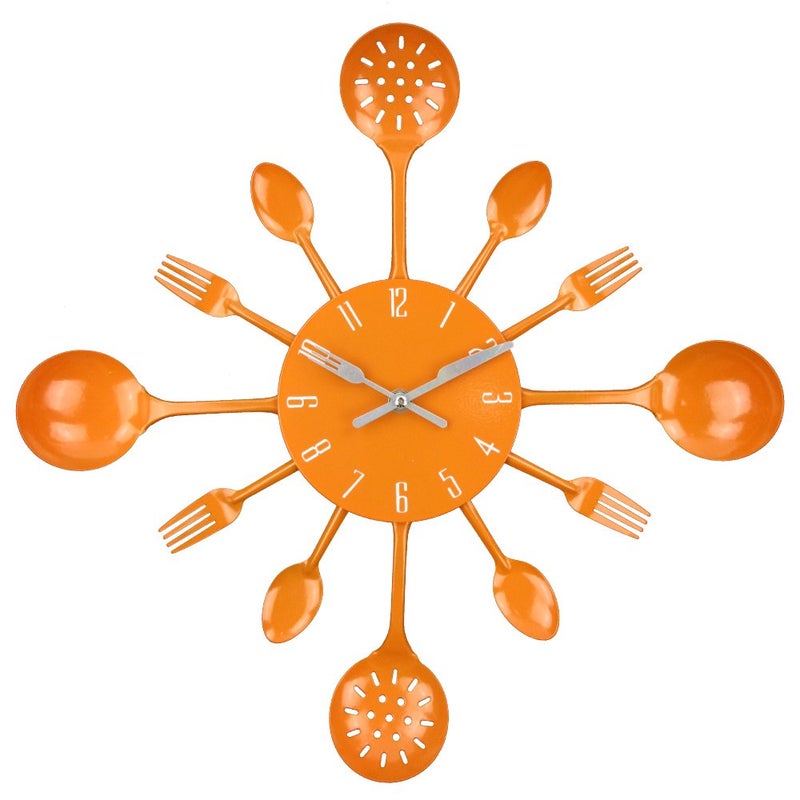 Timelike Wall Clock, 16" Metal Kitchen Cutlery Utensil Spoon Fork Wall Clock Creative Modern Home Decor Antique Style Wall Watch (Orange) - Image 1