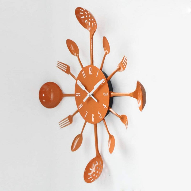 Timelike Wall Clock, 16" Metal Kitchen Cutlery Utensil Spoon Fork Wall Clock Creative Modern Home Decor Antique Style Wall Watch (Orange) - Image 2