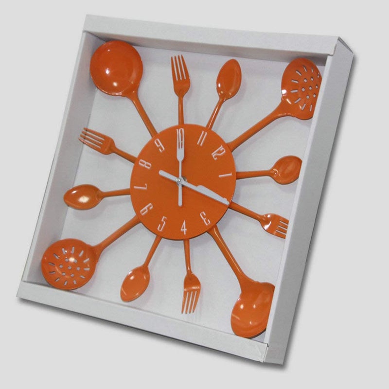 Timelike Wall Clock, 16" Metal Kitchen Cutlery Utensil Spoon Fork Wall Clock Creative Modern Home Decor Antique Style Wall Watch (Orange) - Image 5