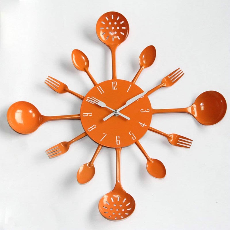 Timelike Wall Clock, 16" Metal Kitchen Cutlery Utensil Spoon Fork Wall Clock Creative Modern Home Decor Antique Style Wall Watch (Orange) - Image 3