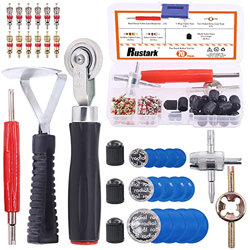 Rustark 70Pcs Tire Repair Kit - Patch, Scraper, Valve Stem Removal Tools, Cores, Caps & Patches for Punctures - Image 1