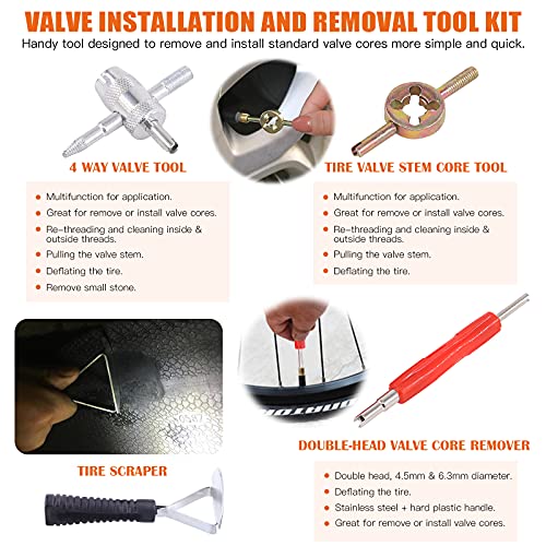 Rustark 70Pcs Tire Repair Kit - Patch, Scraper, Valve Stem Removal Tools, Cores, Caps & Patches for Punctures - Image 5