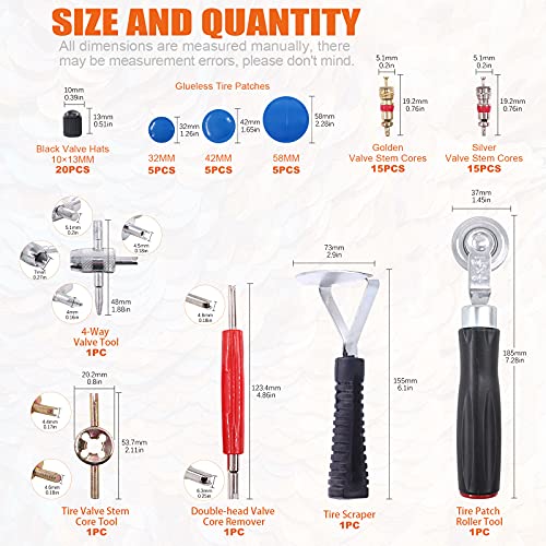 Rustark 70Pcs Tire Repair Kit - Patch, Scraper, Valve Stem Removal Tools, Cores, Caps & Patches for Punctures - Image 2