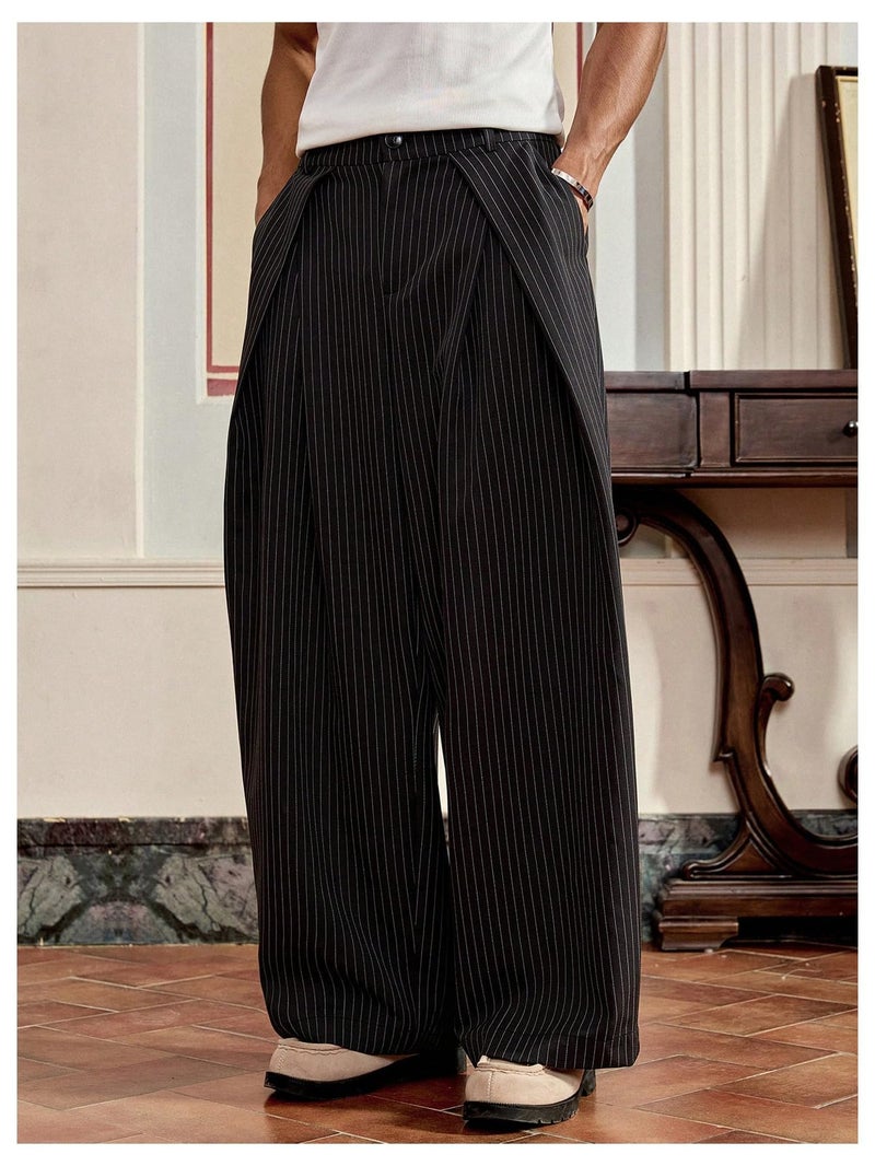 BEAUDRM Men's Wide Leg Baggy Pants Zipper Fly Pleated Dress Pants Casual Business Suit Trousers with Pockets Slacks for Men Black Striped Medium - Image 2