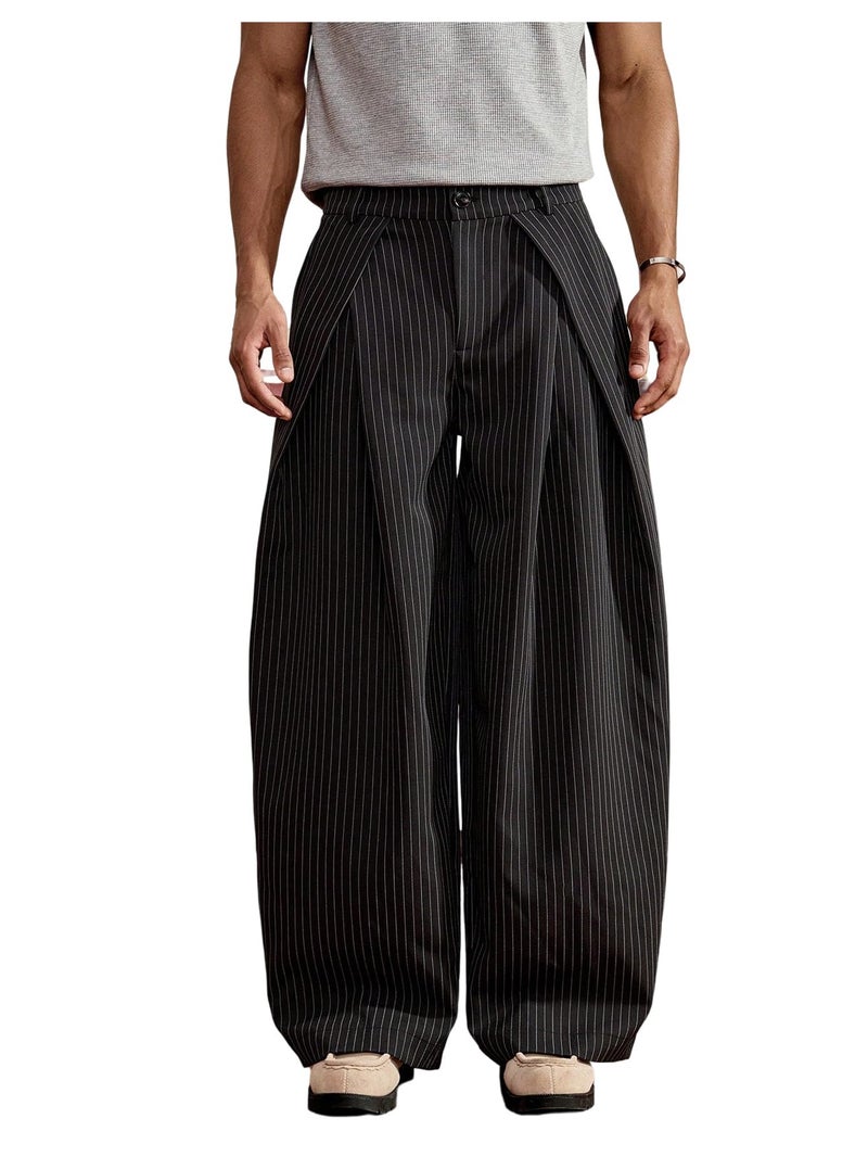 BEAUDRM Men's Wide Leg Baggy Pants Zipper Fly Pleated Dress Pants Casual Business Suit Trousers with Pockets Slacks for Men Black Striped Medium - Image 1